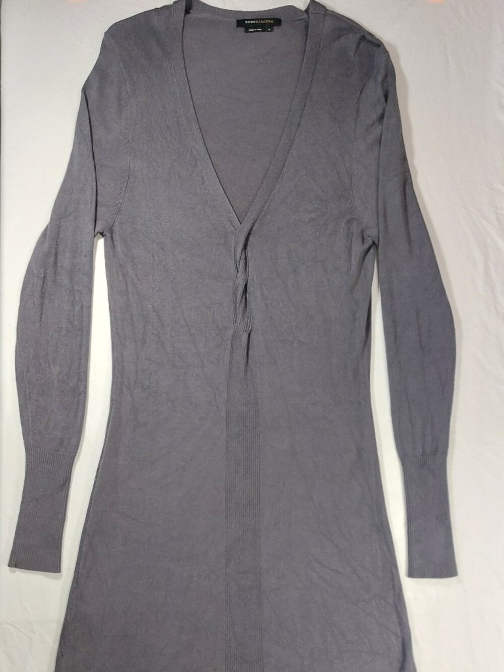BCBGMaxazria Long Sleeve Deep V-Neck Twisted Front Charcoal Grey Midi Dress